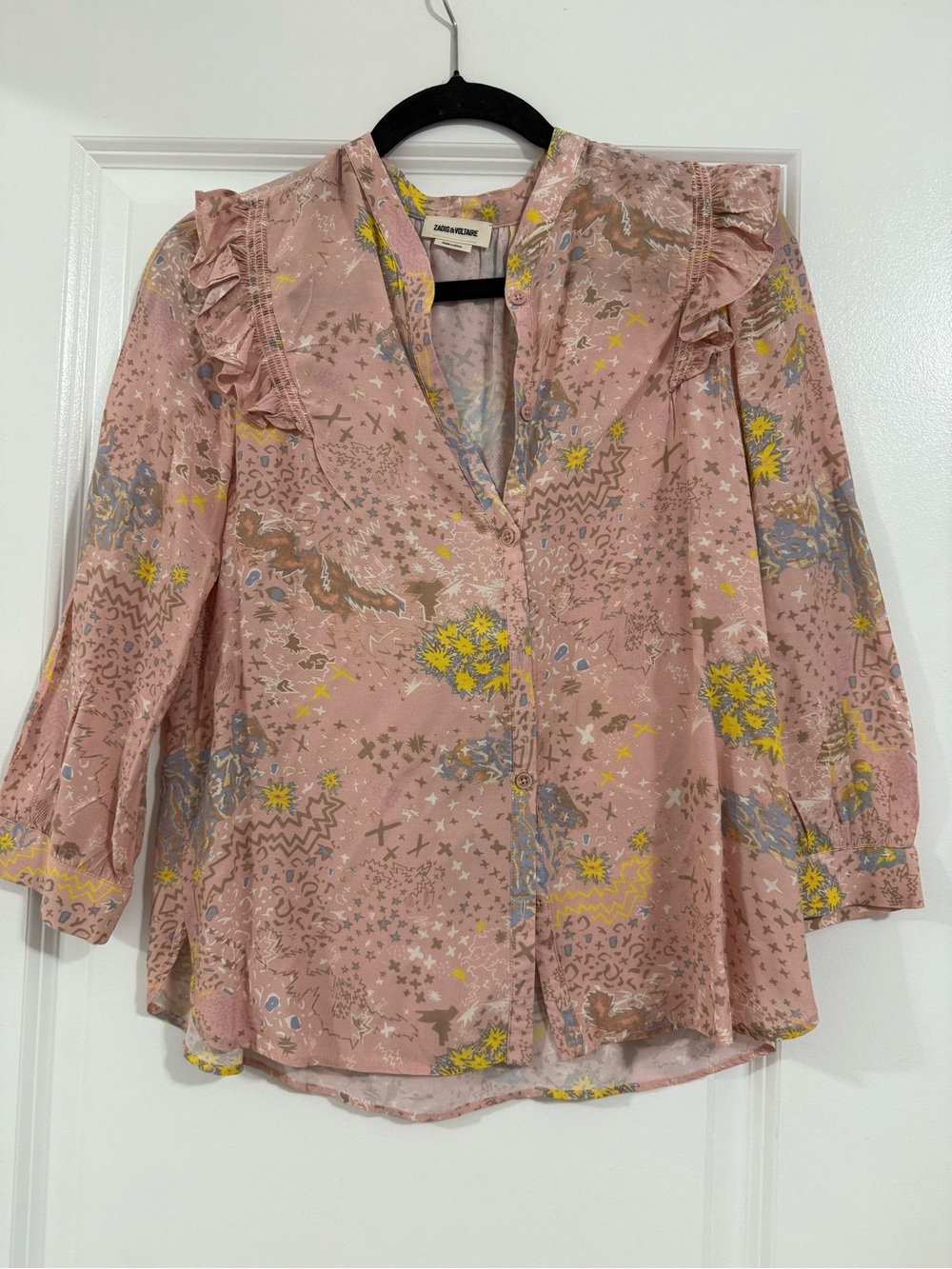 Zadig & Voltaire Dusty Pink Floral Ruffle-Shoulder Button Blouse